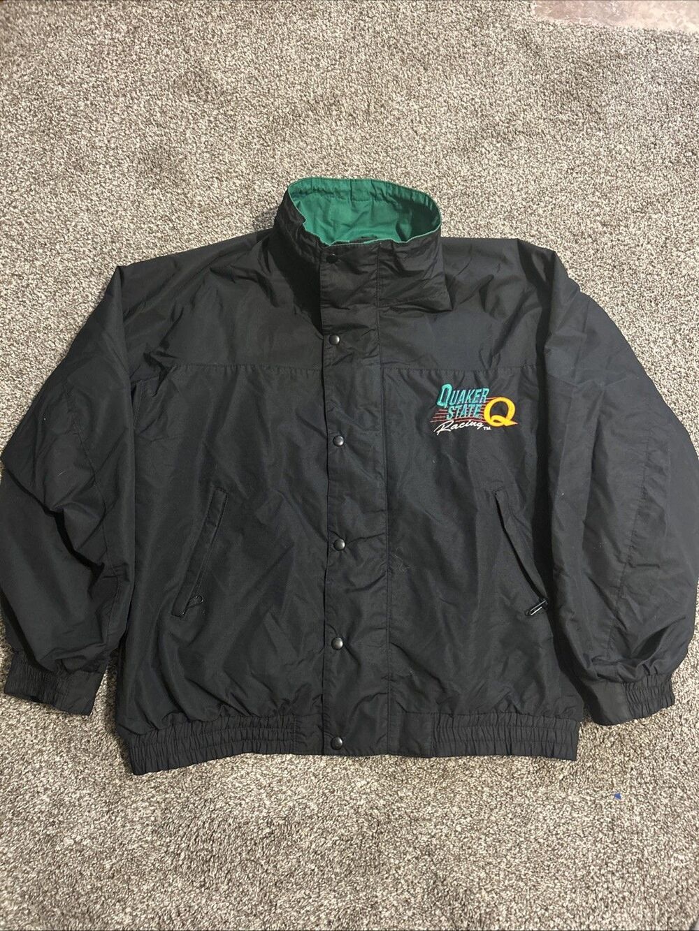 Vintage Quaker State Racing Full Zip Embroidered Black Crown Jacket Size XXL